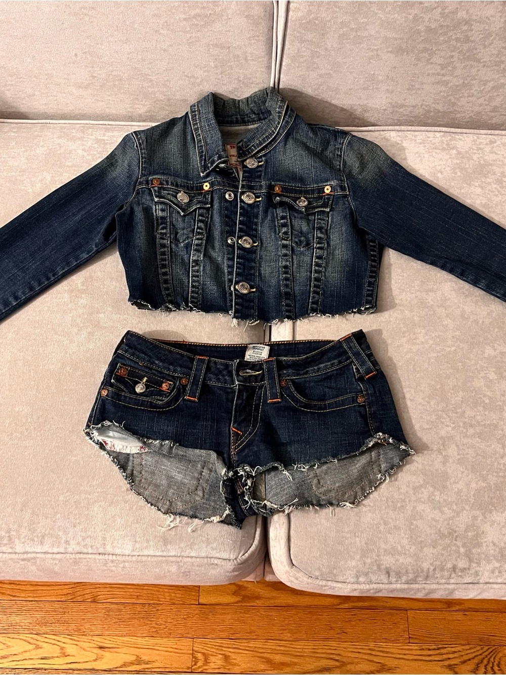 True Religion Dark Indigo Distressed Cutoff Jean Shorts with matching jacket